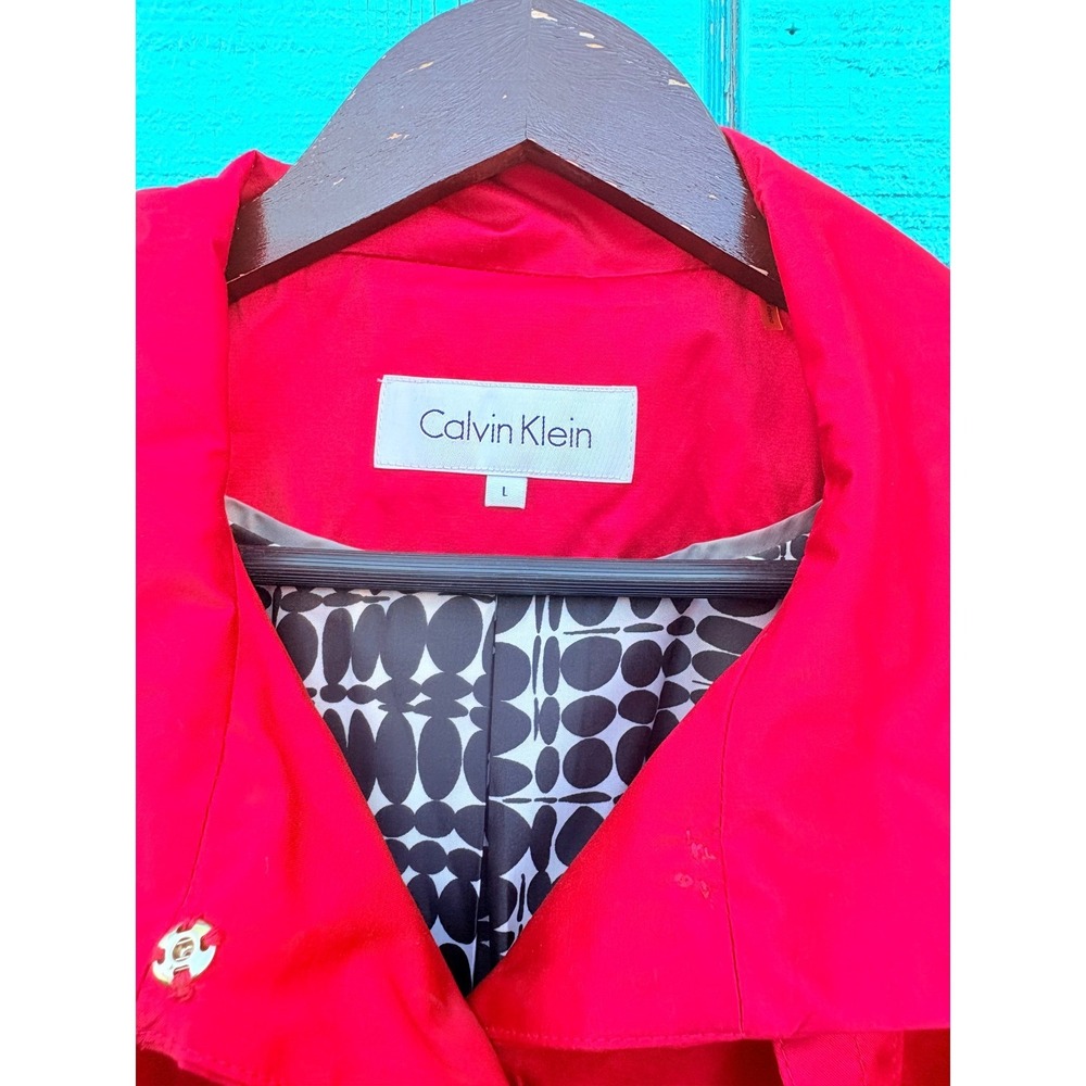 Calvin Klein Dopamine Red‎ Single Breasted Trench Coat Geometric Lining Size L - Picture 5 of 8